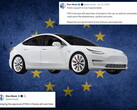 Tesla met EU-vlag en reacties van X op de achtergrond