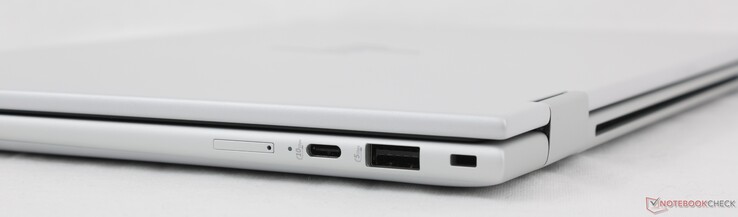 Rechts: Nano-SIM-sleuf (optioneel), USB-C met Power Delivery + DisplayPort 1.4 (10 Gbps), USB-A 3.2 Gen. 1 (5 Gbps), Nano-sluitsleuf