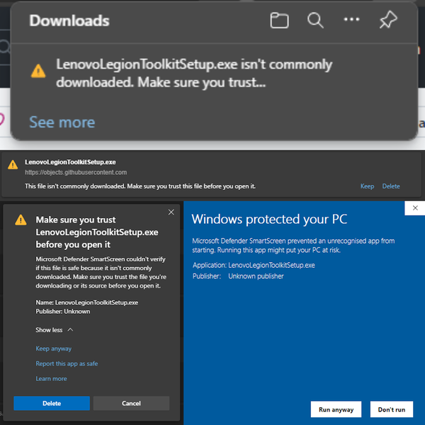 Kijk, in dat laatste heeft Windows het hele "betuttelen van potentieel riskante software" al onder de knie - ik hoef Edge niet drie keer hetzelfde te horen zeggen. (Afbeelding Bron: Eigen)