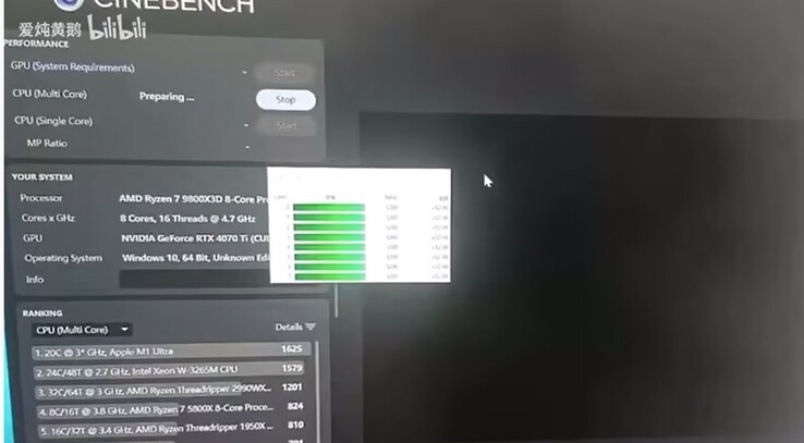 Ryzen 7 9800X3D getest met Cinebench 2024. (Afbeeldingsbron: bilibili)