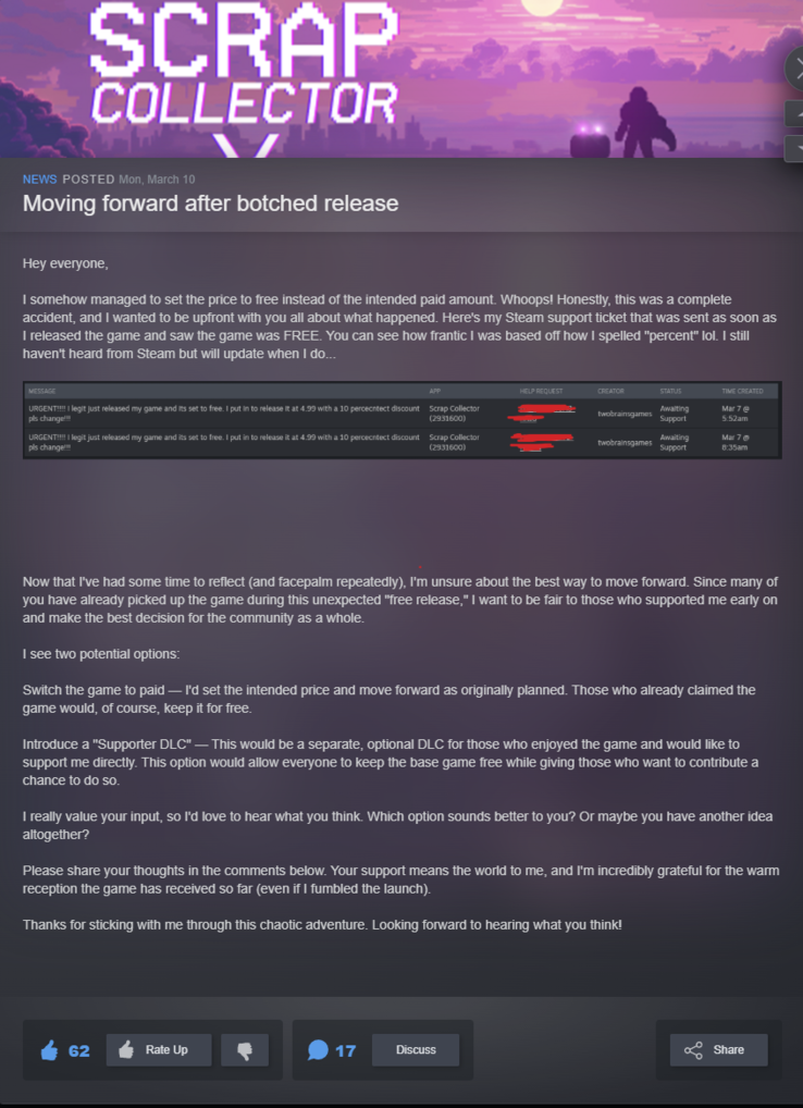 De verklaring van de ontwikkelaar, geplaatst op 10 maart. (Afbeeldingsbron: Steam community)
