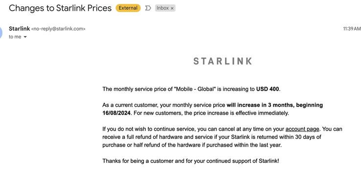 Starlink Internet prijzen voor de Mobile Global tier zullen verdubbelen