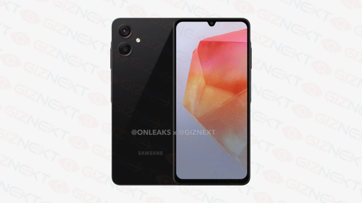 De Galaxy A06 renders laten ook de teardrop notch en de dual-lens camera zien. (Bron: @OnLeaks x GizNext)