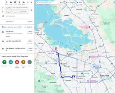 De 16 km tussen Apple en Google kunnen in korte tijd met de auto worden afgelegd.