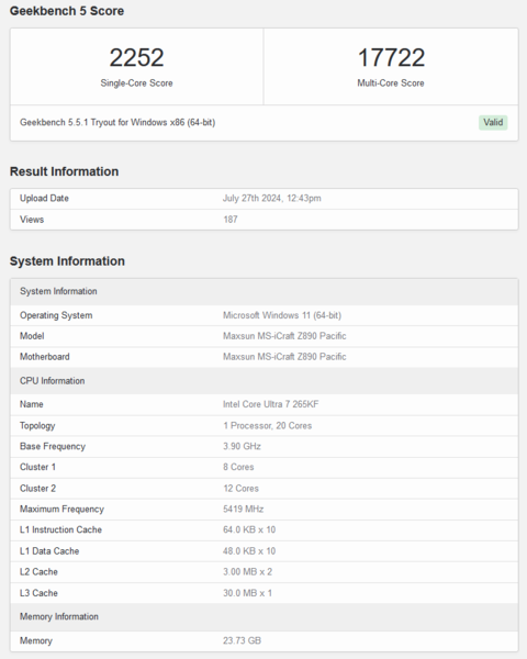 Intel Core Ultra 7 265KF Geekbench 5.5 score (bron: Geekbench)