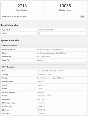 Intel Core Ultra 7 268V Geekbench score (afbeelding via Geekbench)