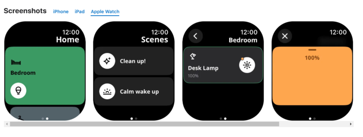 Schermafbeeldingen van de nieuwe IKEA Home Smart app voor Apple Watch. (Afbeeldingsbron: Apple App Store)