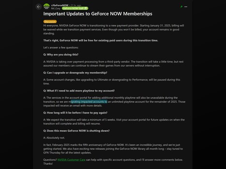 Nvidia GeForce Now Reddit update post (Afbeeldingsbron: GeForce Now Reddit)