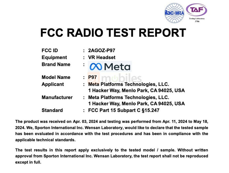 FCC-lijst van de VR-headset (Afbeelding bron: 91mobiles)