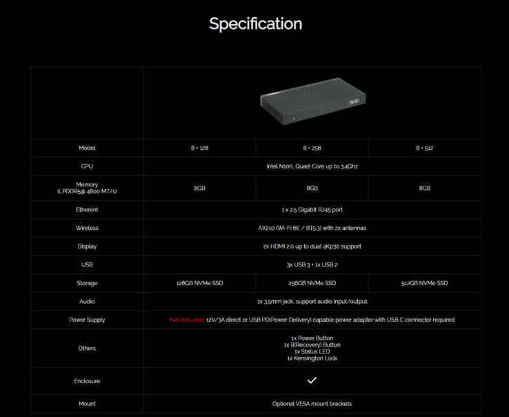 Het volledige specificatieblad van de Palmshell SLiM X4L Mini PC. (Afbeelding bron: Palmshell)