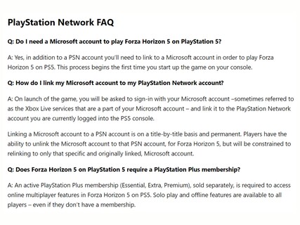 Forza Horizon 5 PSN account FAQ (Afbeelding bron: Forza Horizon 5 ondersteuningssite)