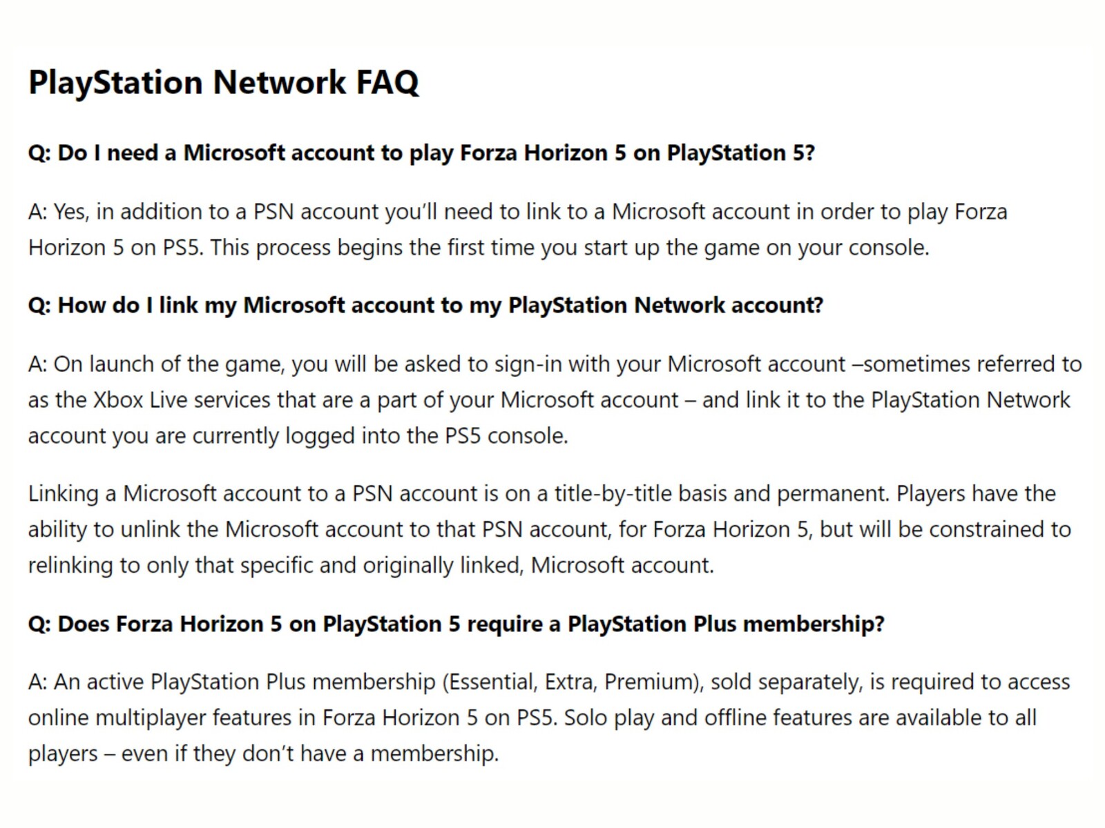 Forza Horizon 5 PSN account FAQ (Afbeelding bron: Forza Horizon 5 ondersteuningssite)