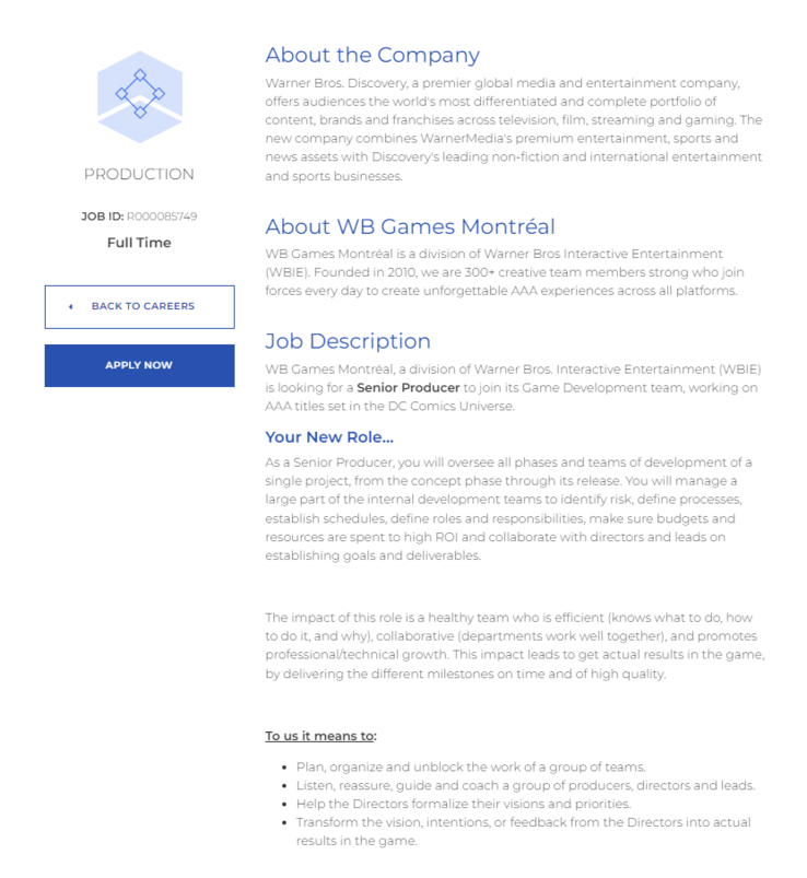 Het volledige vacatureoverzicht op de website van WB Games Montréal. (Afbeelding bron: WB Games Montréal Jobs)