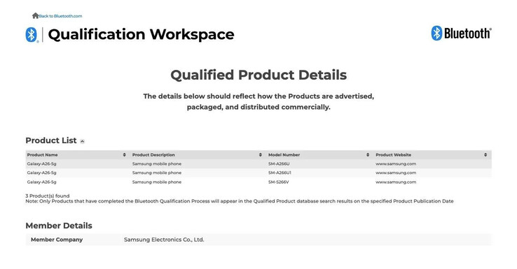 De aankomende Galaxy A26 5G lijkt heel wat officieel papierwerk op zijn naam te krijgen. (Bron: Bluetooth SIG, BIS &amp; TÜV Rheinland via MySmartPrice)