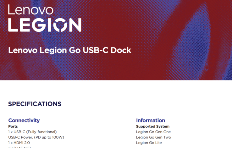 Onder het kopje Ondersteunde systemen in de brochure "Dock compatibiliteit" staat de Lenovo Legion Go Gen Two naast Gen One en Go Lite. (Afbeeldingsbron: Lenovo)