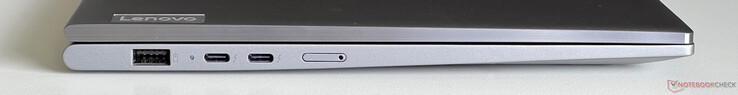 Links: USB-A 3.2 Gen 1 (5 Gbit/s, altijd aan), 2x USB-C 4.0 met Thunderbolt 4 (40 Gbit/s, DisplayPort 2.1, Power Delivery 3.0), Nano SIM-kaart